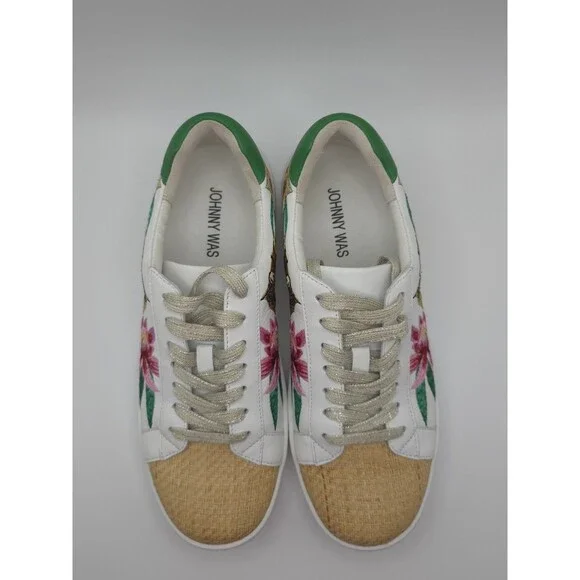 JOHNNY WAS Maisie White Leather Tropical Tiger Embroidered Sneakers ~ Womens 7.5 - Picture 8 of 13